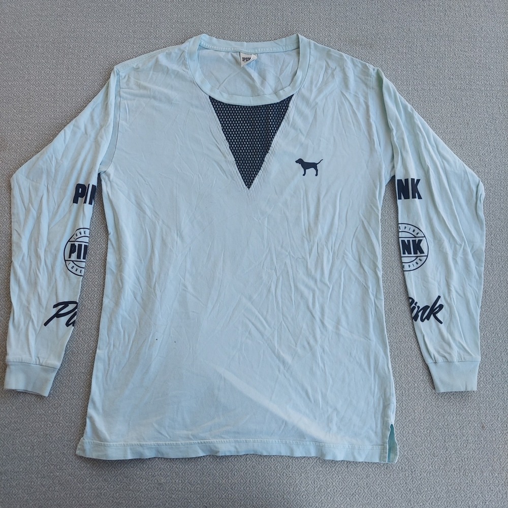 PINK Victoria's Secret T-Shirt‎ Womens Small Blue Mesh V-Neck Long Sleeve Logo